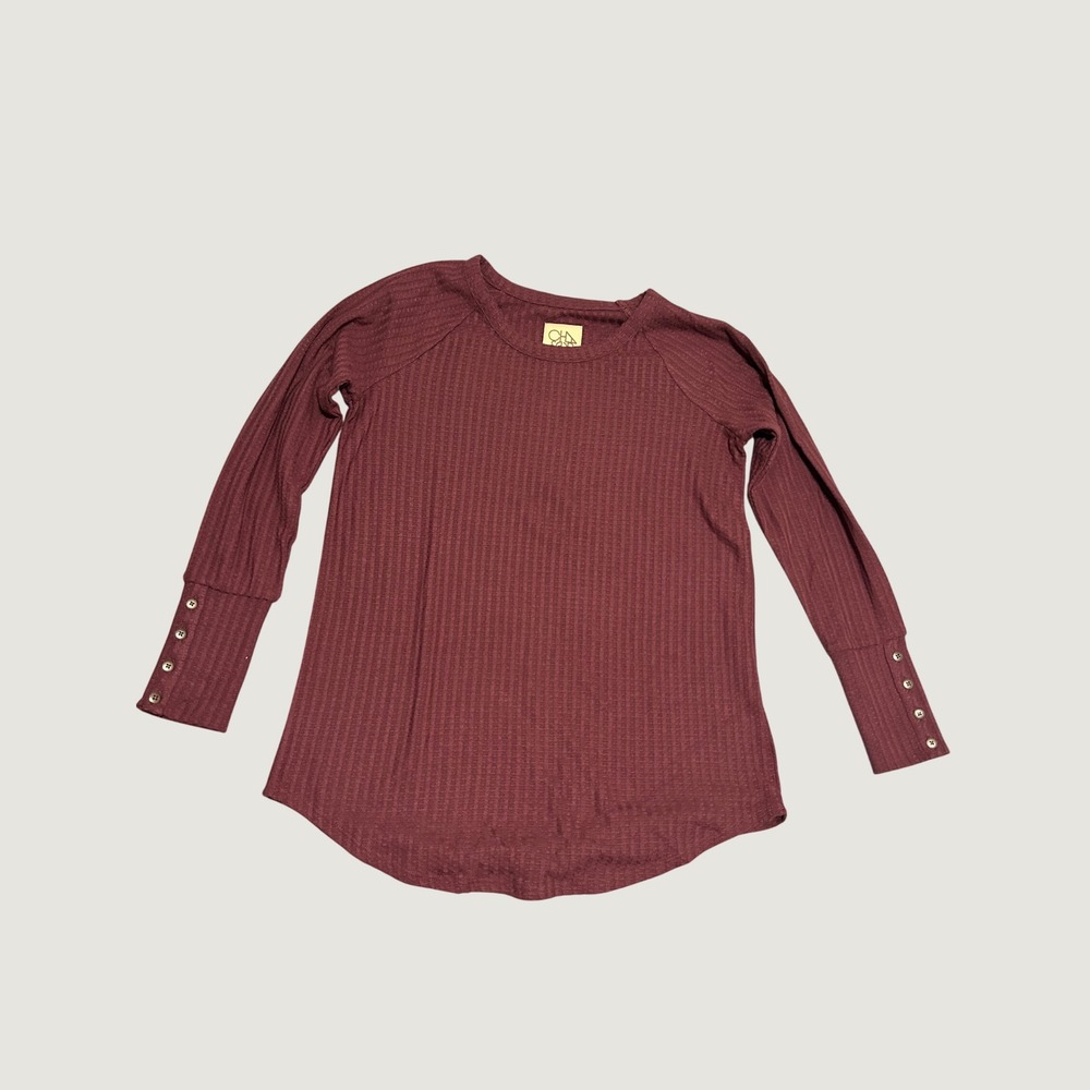 Chaser Waffle Knit Top Women Medium Burgundy Excellent Button Cuff Thermal